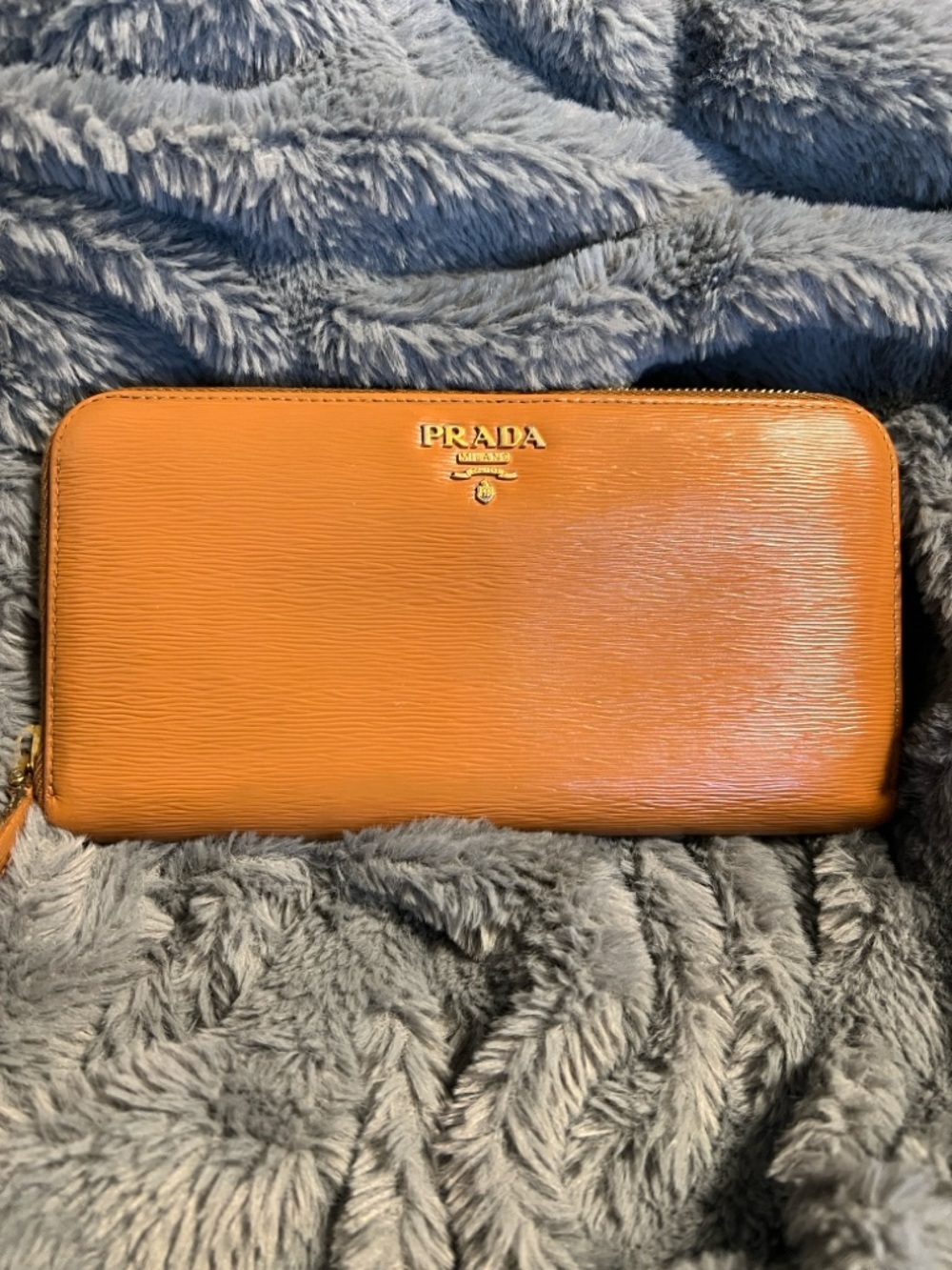 Prada Zip-Around Card Wallet in Caramel with Gold Hardware
